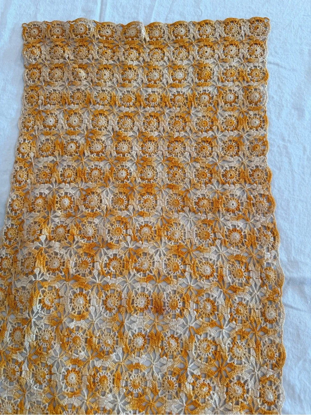 Mid century Handmade Crochet table runner in Golden orange color